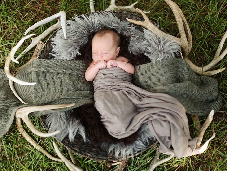 Baby Ford asleep in a nest of antlers and fur on the grass